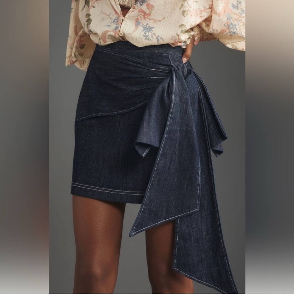 Anthropologie Pilcro Bow Denim Mini Skirt Size 12 - Picture 2 of 8